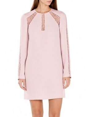 BCBGMAXAZRIA Payten Dress XS Blush Pink Lace Inset Long Sleeve Shift Sheath